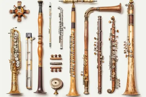 Kolekcja instrumentów dętych drewnianych, od saksofonu po klarnet, prezentuje bogactwo form i detali.