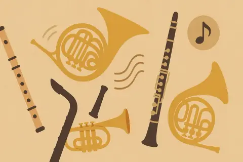 Instrumenty dęte blaszane: dwa rogi, trąbka, klarnet i flet tworzą muzyczną kompozycję.