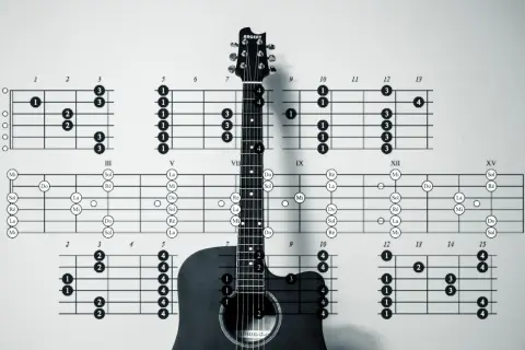 Akustyczna gitara i schematy akordów, w tym akord G. Nauka gry na gitarze zaczyna się od podstaw.