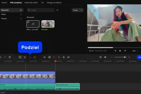 Edytor wideo pokazuje, jak dodać muzykę do filmu. Na osi czasu widać klip wideo i ścieżkę audio.