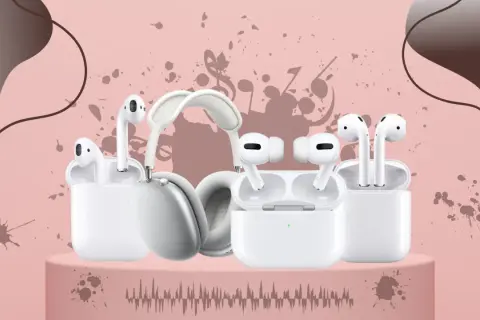Różne modele słuchawek, w tym AirPods Pro i AirPods Max, na różowym tle. Czy airpodsy są wodoodporne? Sprawdź!