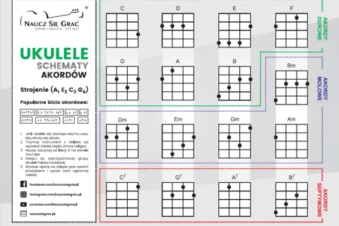 Schematy akordów do ukulele: C, D, E, F, G, A, B, Bm, Dm, Em, Gm, Am, C7, G7, A7, B7. Instrukcja strojenia i bicia.