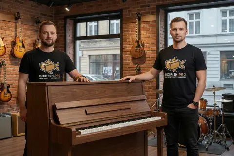 Dwóch mężczyzn w koszulkach BOXFISH.PRO obok pianina. Sprawdź transport pianina cena.