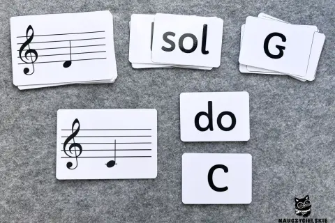 Piosenki dla dzieci nuty literowe: karty z zapisem nutowym i literami "sol", "do", "C".