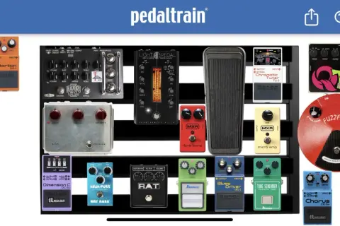 Efekt gitarowy na pedalboardzie: Boss NS-2, DS-1, TU-3, MXR Dyna Comp, Electro-Harmonix Big Muff, Ibanez Tube Screamer, Boss BD-2, RAT, Fuzzface i inne.