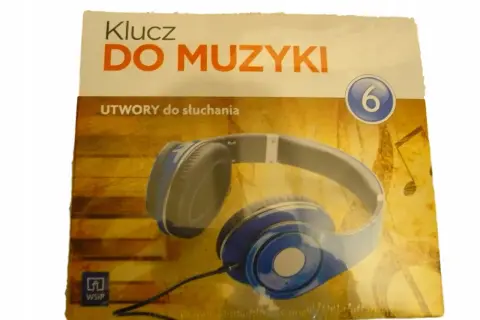 Słuchawki z niebieskimi elementami na tle nut i napisu "Klucz do muzyki". Idealne do słuchania utworów, może nawet kwartetów.