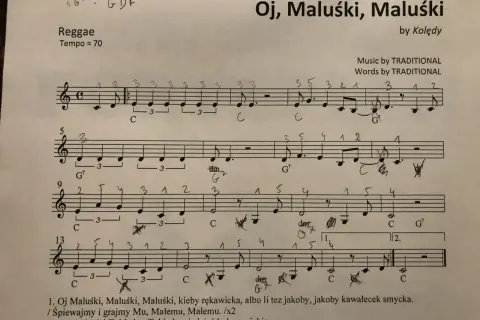 Mario, czy ty wiesz nuty? To zapis nutowy piosenki "Oj, Maluśki, Maluśki" w rytmie reggae.