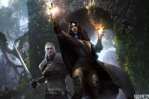 Geralt i czarodziejka w mrocznej, leśnej scenerii. Ona rzuca zaklęcie, a on trzyma miecz. W grocie króla gór nuty magii unoszą się w powietrzu.