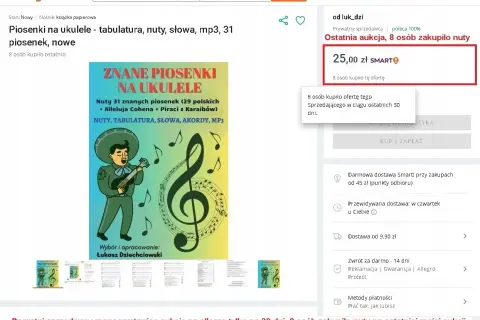 Książka z nutami, tabulaturą i słowami 31 znanych piosenek na ukulele. Idealna dla początkujących i zaawansowanych.