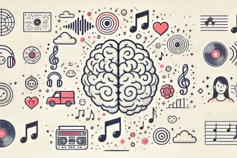 Mózg pełen muzyki: nuty, płyty winylowe, słuchawki i fale dźwiękowe tworzą wesołą melodię.
