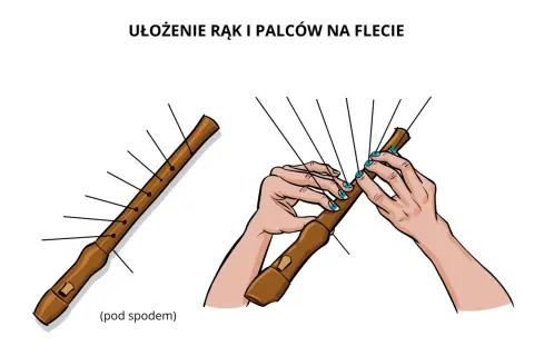 Ilustracja pokazuje ułożenie rąk i palców na flecie, wyjaśniając, jak się gra b na flecie.