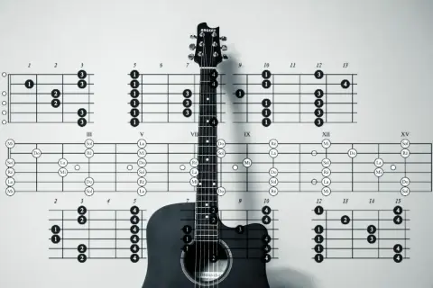 Tabulatury i schematy pokazują podstawowe akordy na gitarę, ułatwiając naukę gry.