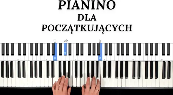 Nuty na keyboard dla początkujących: E, Ab, B zaznaczone na klawiaturze. Dłonie przygotowane do gry.