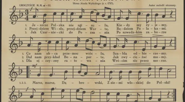 Nuty polskiego hymnu państwowego z tekstem "Mazurek Dąbrowskiego".