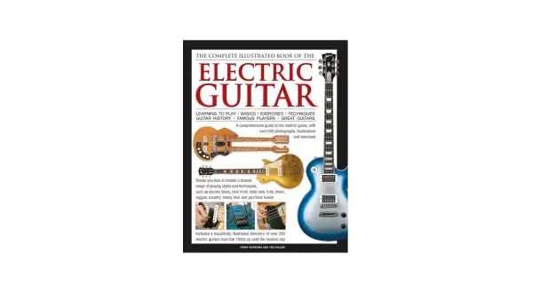 Książka do nauki gry na gitarze elektrycznej, z ilustracjami i ćwiczeniami.