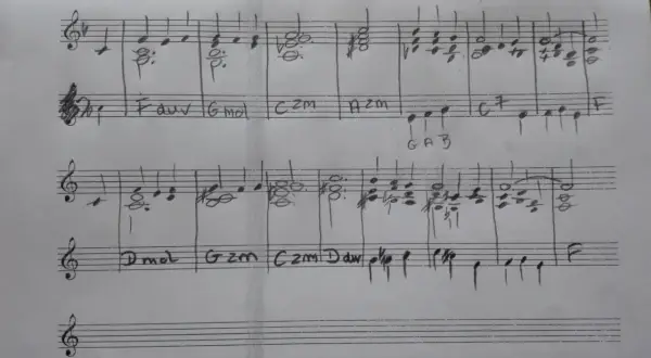 Zapis nutowy z akordami, idealny do nauki gry na akordeonie. Znajdziesz tu łatwe nuty i proste harmonie.
