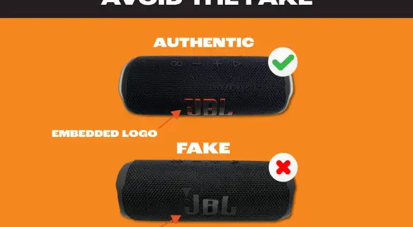 Jak sprawdzić czy głośnik JBL jest oryginalny? Porównanie autentycznego głośnika z wbudowanym logo i podróbki z naklejką.