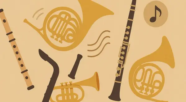 Instrumenty dęte blaszane: dwa rogi, trąbka, klarnet i flet tworzą muzyczną kompozycję.