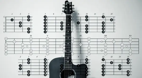 Akustyczna gitara i schematy akordów, w tym akord G. Nauka gry na gitarze zaczyna się od podstaw.