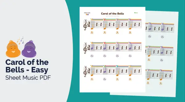 Nuty literowe "Carol of the Bells" w łatwej wersji. Kolorowe nuty i akordy na pięciolinii.