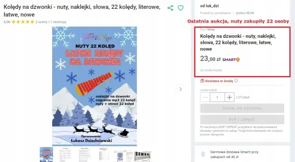 Kolędy na cymbałki litery: nuty, naklejki, słowa, 22 łatwe kolędy. Ostatnia aukcja, nuty zakupiły 22 osoby.