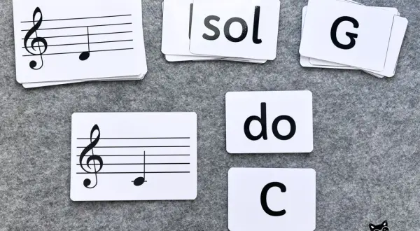 Piosenki dla dzieci nuty literowe: karty z zapisem nutowym i literami "sol", "do", "C".