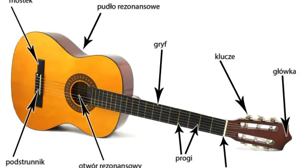 Akustyczna gitara z widocznymi elementami: pudło rezonansowe, gryf, progi, siodełko, podstrunnik, mostek, otwór rezonansowy, klucze i główkę.