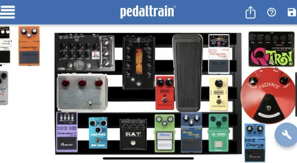Efekt gitarowy na pedalboardzie: Boss NS-2, DS-1, TU-3, MXR Dyna Comp, Electro-Harmonix Big Muff, Ibanez Tube Screamer, Boss BD-2, RAT, Fuzzface i inne.