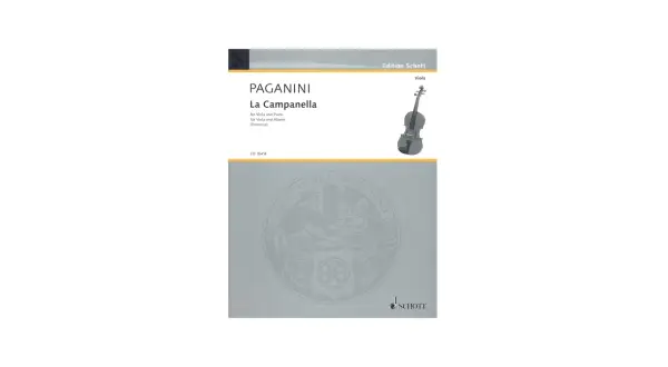 Okładka nut Paganiniego "La Campanella" na altówkę i fortepian, z ilustracją instrumentu.