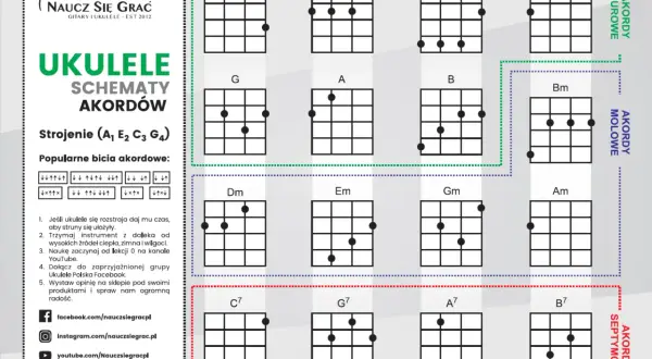 Schematy akordów na ukulele: C, D, E, F, G, A, B, Bm, Dm, Em, Gm, Am, C7, G7, A7, B7. Idealne do nauki piosenki!