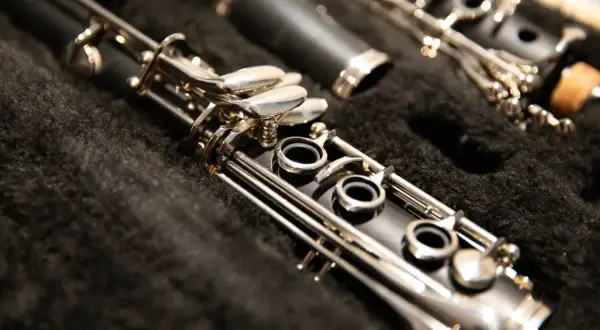 Zbliżenie na budowę klarnetu w futerale. Widoczne są klapy, otwory i metalowe elementy instrumentu.