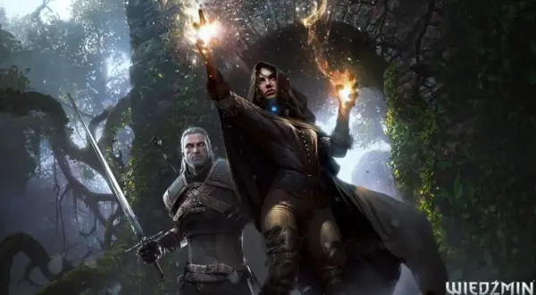 Geralt i czarodziejka w mrocznej, leśnej scenerii. Ona rzuca zaklęcie, a on trzyma miecz. W grocie króla gór nuty magii unoszą się w powietrzu.