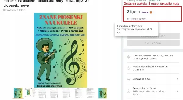 Książka z nutami, tabulaturą i słowami 31 znanych piosenek na ukulele. Idealna dla początkujących i zaawansowanych.