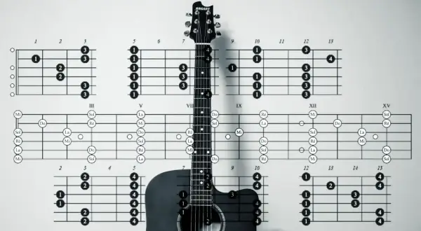 Tabulatury i schematy pokazują podstawowe akordy na gitarę, ułatwiając naukę gry.
