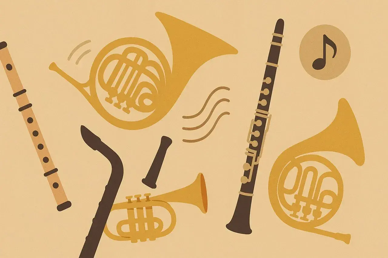 Różnorodne instrumenty dęte: flet, klarnet, saksofon, trąbka i dwa rogi. Muzyka w tle.