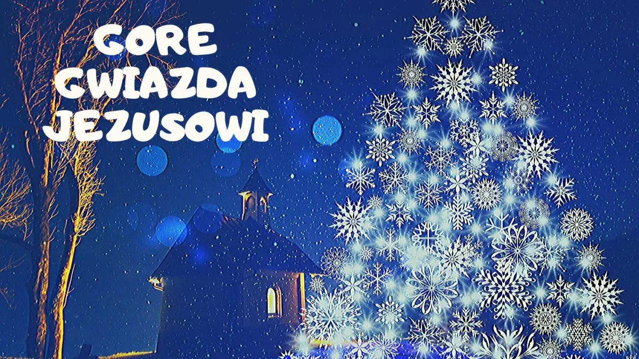 Gore, gwiazda Jezusowi! Nocne niebo, kościółek i choinka z płatków śniegu.