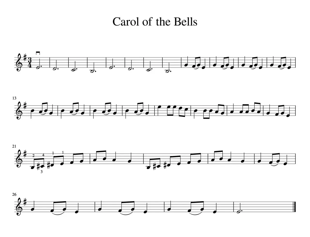 Nutacja muzyczna "Carol of the Bells" z oznaczeniami palcowymi, idealna do nauki kolęd na skrzypce.