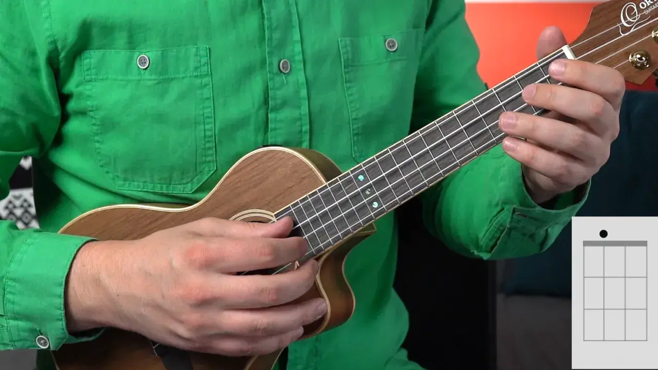 Ręce trzymają ukulele, pokazując akord. Idealne do nauki gry na ukulele dla dzieci.
