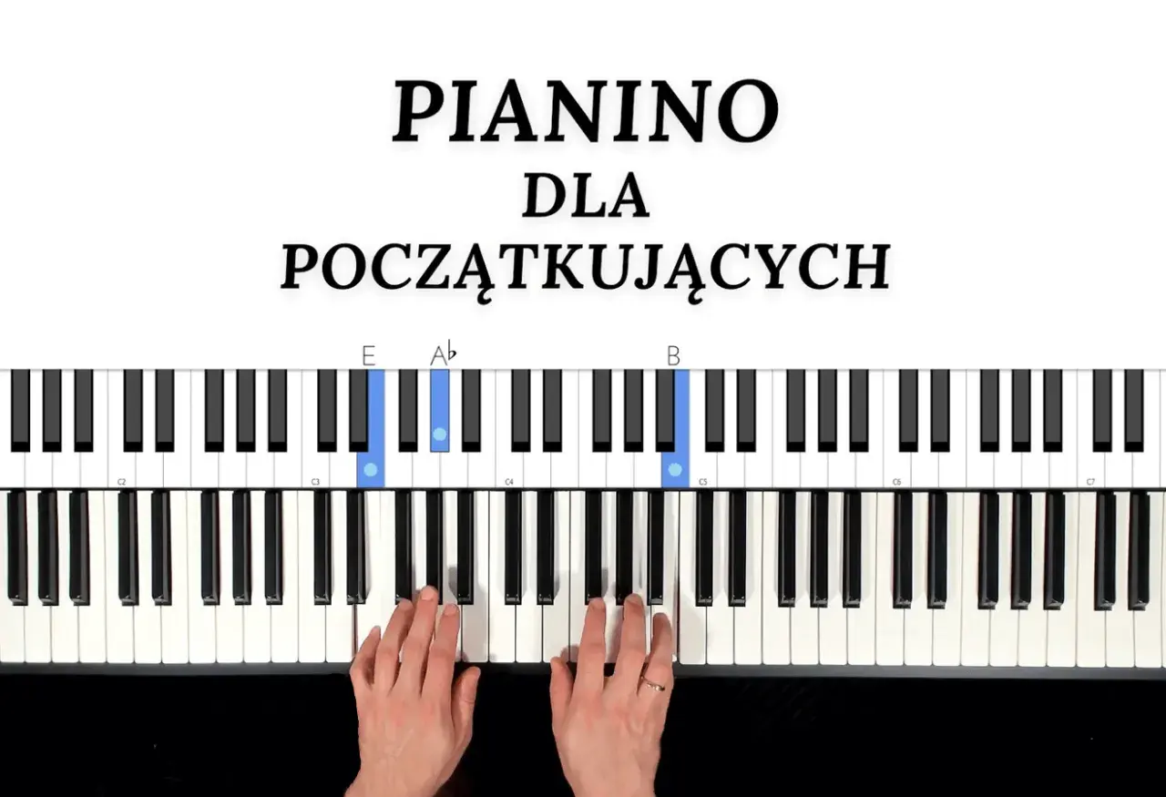 Nuty na keyboard dla początkujących: E, Ab, B zaznaczone na klawiaturze. Dłonie przygotowane do gry.