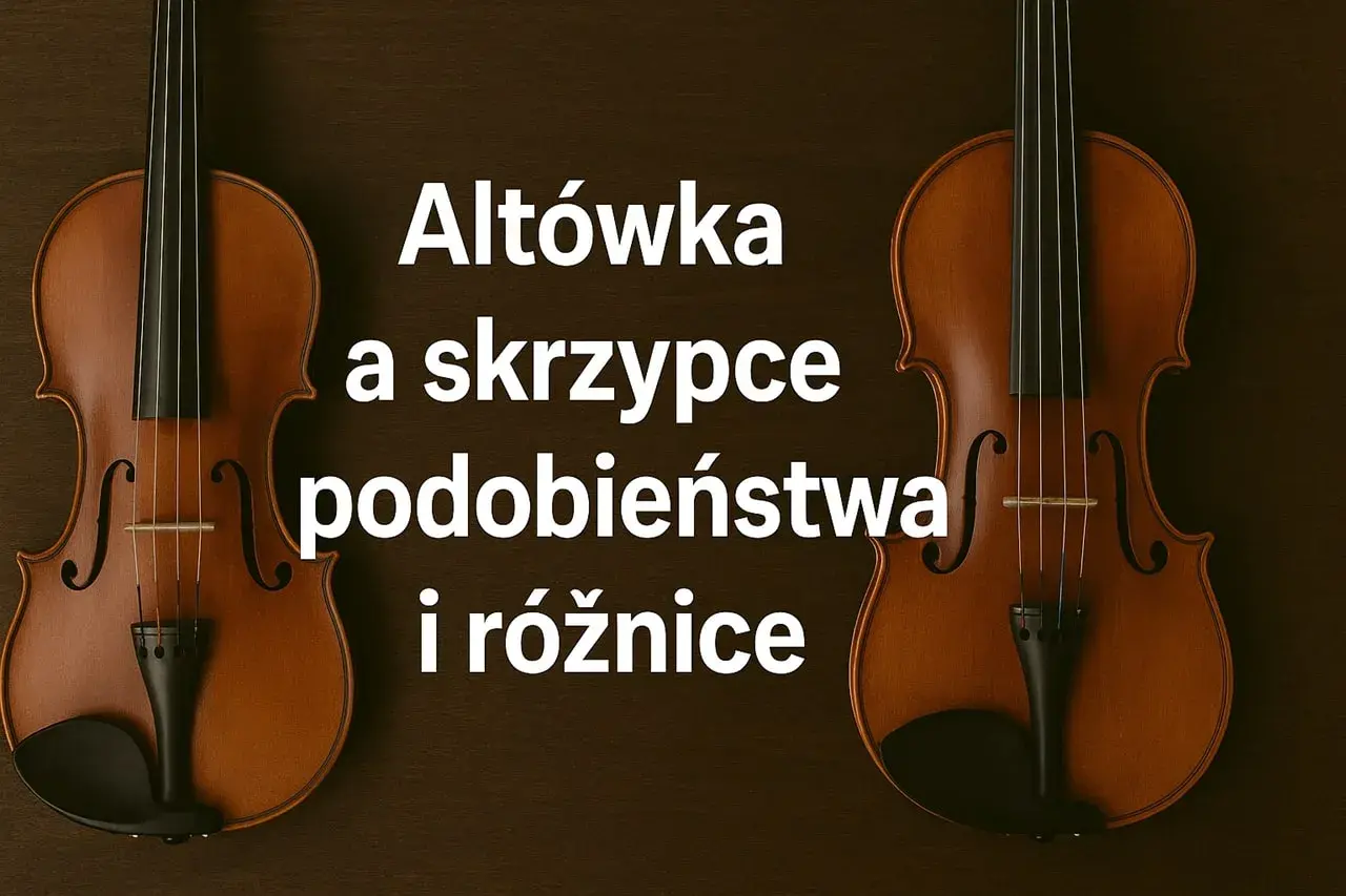 Dwa instrumenty smyczkowe: altówka i skrzypce, prezentują swoje podobieństwa i różnice na ciemnym tle.