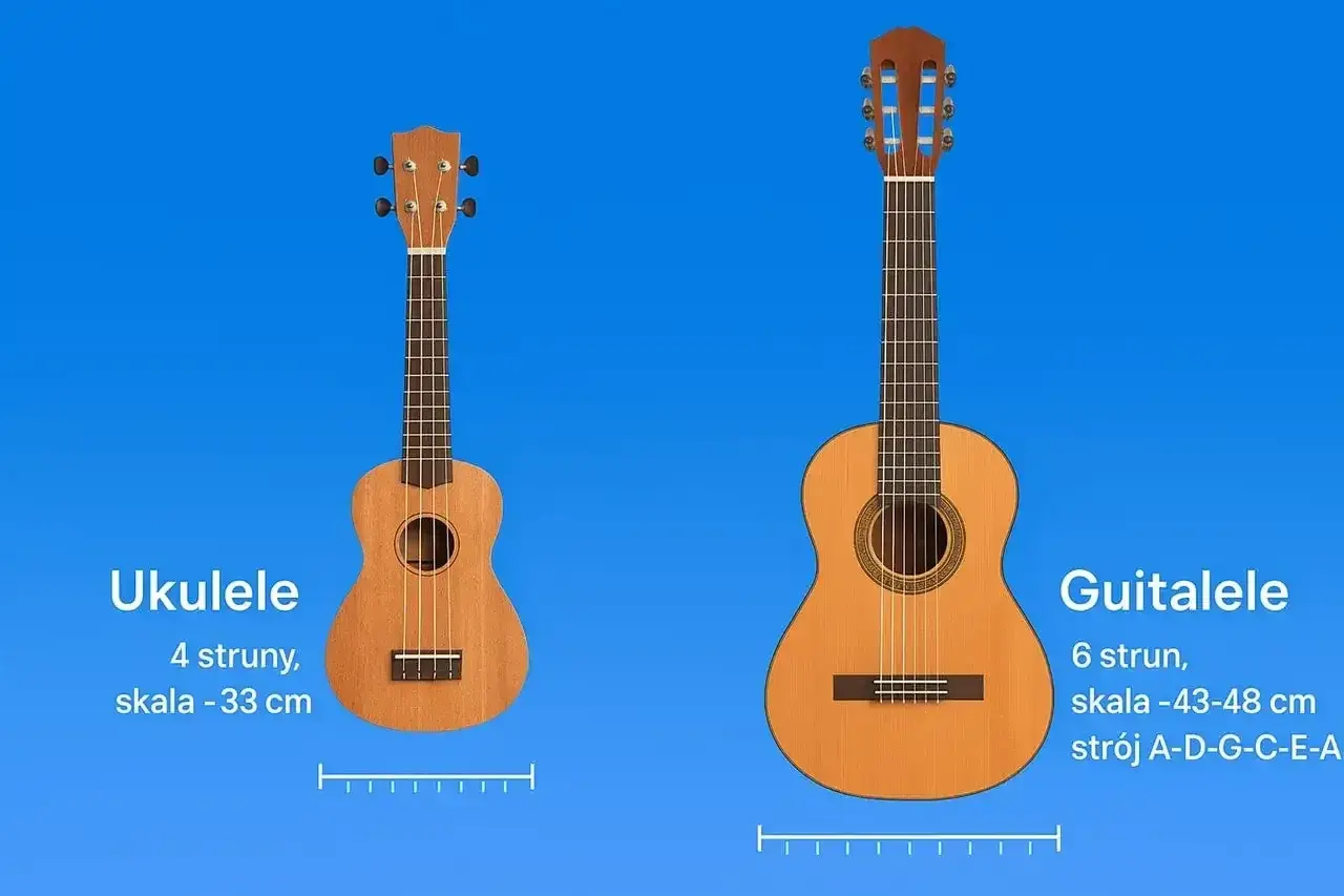 Ukulele i Guitalele, dwie małe gitary. Jedna ma 4 struny, druga 6.