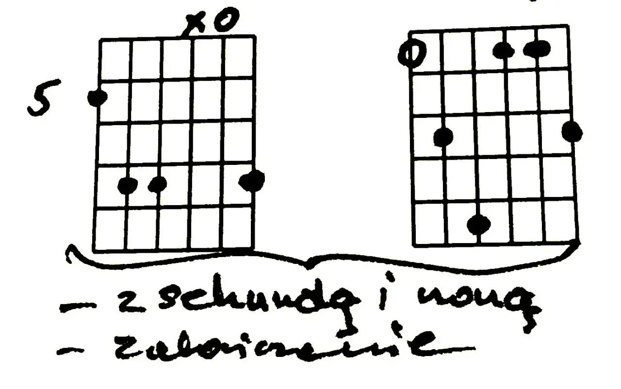 Tabela chwytów gitarowych z zaznaczonymi palcami i opisem: "z sekundą i noną", "zabawnie".