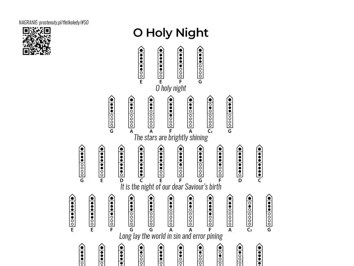Instrukcja do gry na flecie prostym: kolędy "O Holy Night" z zapisanymi nutami i palcowaniem.