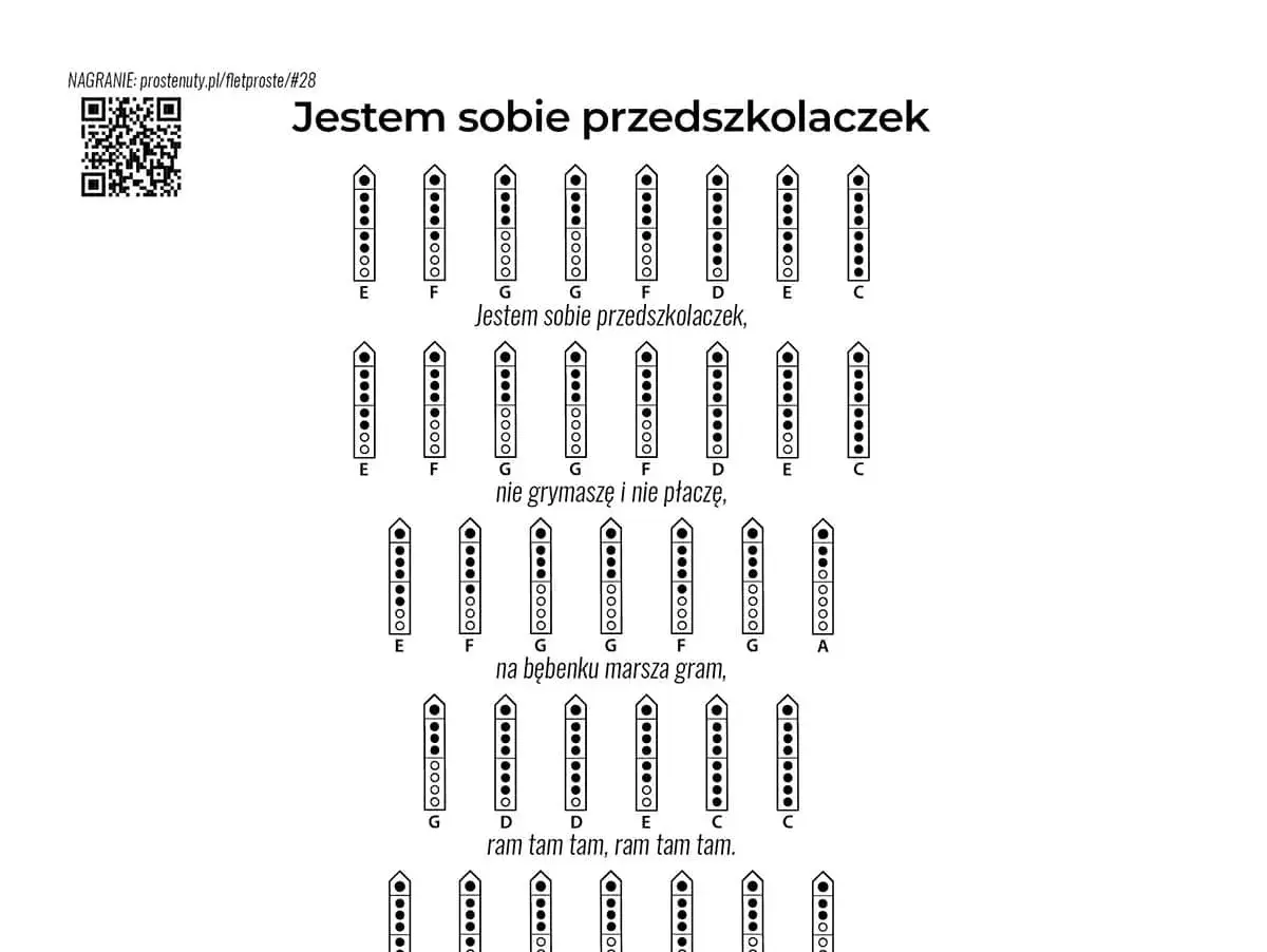 Flety piosenki dla dzieci "Jestem sobie przedszkolaczek" z zapisanymi nutami.