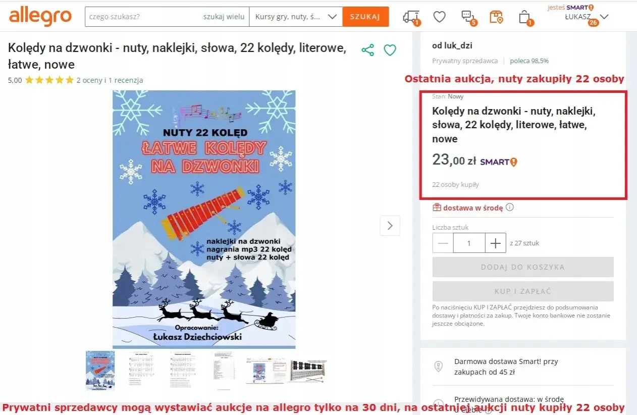 Kolędy na cymbałki litery: nuty, naklejki, słowa, 22 łatwe kolędy. Ostatnia aukcja, nuty zakupiły 22 osoby.