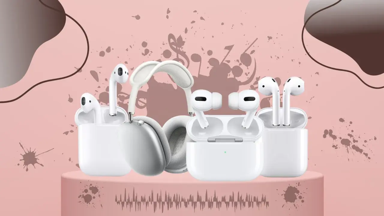 Różne modele słuchawek, w tym AirPods Pro i AirPods Max, na różowym tle. Czy airpodsy są wodoodporne? Sprawdź!