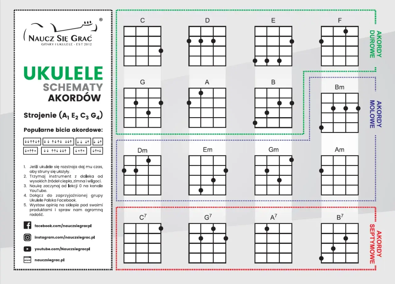 Schematy akordów do ukulele: C, D, E, F, G, A, B, Bm, Dm, Em, Gm, Am, C7, G7, A7, B7. Instrukcja strojenia i bicia.