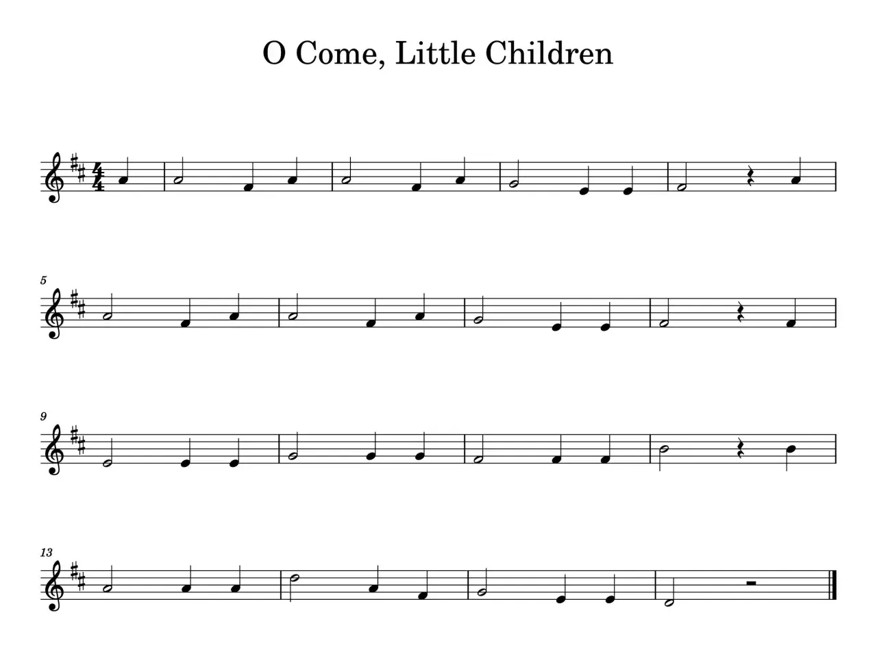 Nuty do druku dla dzieci z piosenką "O Come, Little Children". Prosta melodia, idealna do nauki gry na instrumencie.