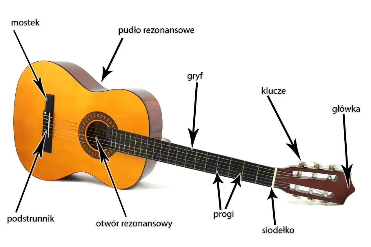 Akustyczna gitara z widocznymi elementami: pudło rezonansowe, gryf, progi, siodełko, podstrunnik, mostek, otwór rezonansowy, klucze i główkę.