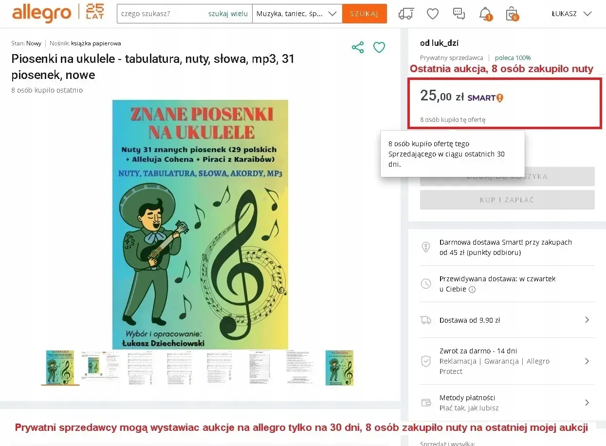 Książka z nutami, tabulaturą i słowami 31 znanych piosenek na ukulele. Idealna dla początkujących i zaawansowanych.